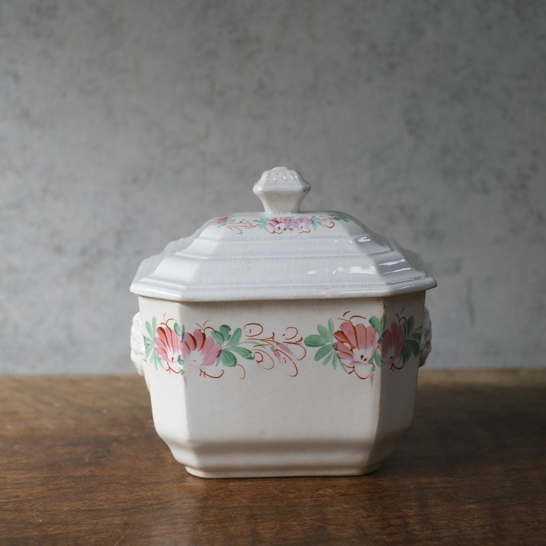 アンティーク シュガーポット 陶器　花模様 Choisy-le-Roi ショワジールロワ 1800年代後半フランス1