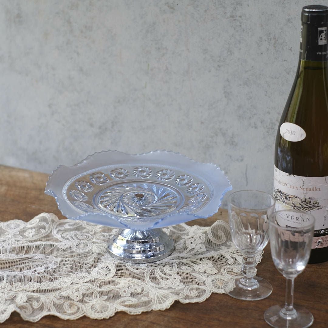 ヴィンテージケーキスタンド ガラスコンポート 青いガラス イギリス