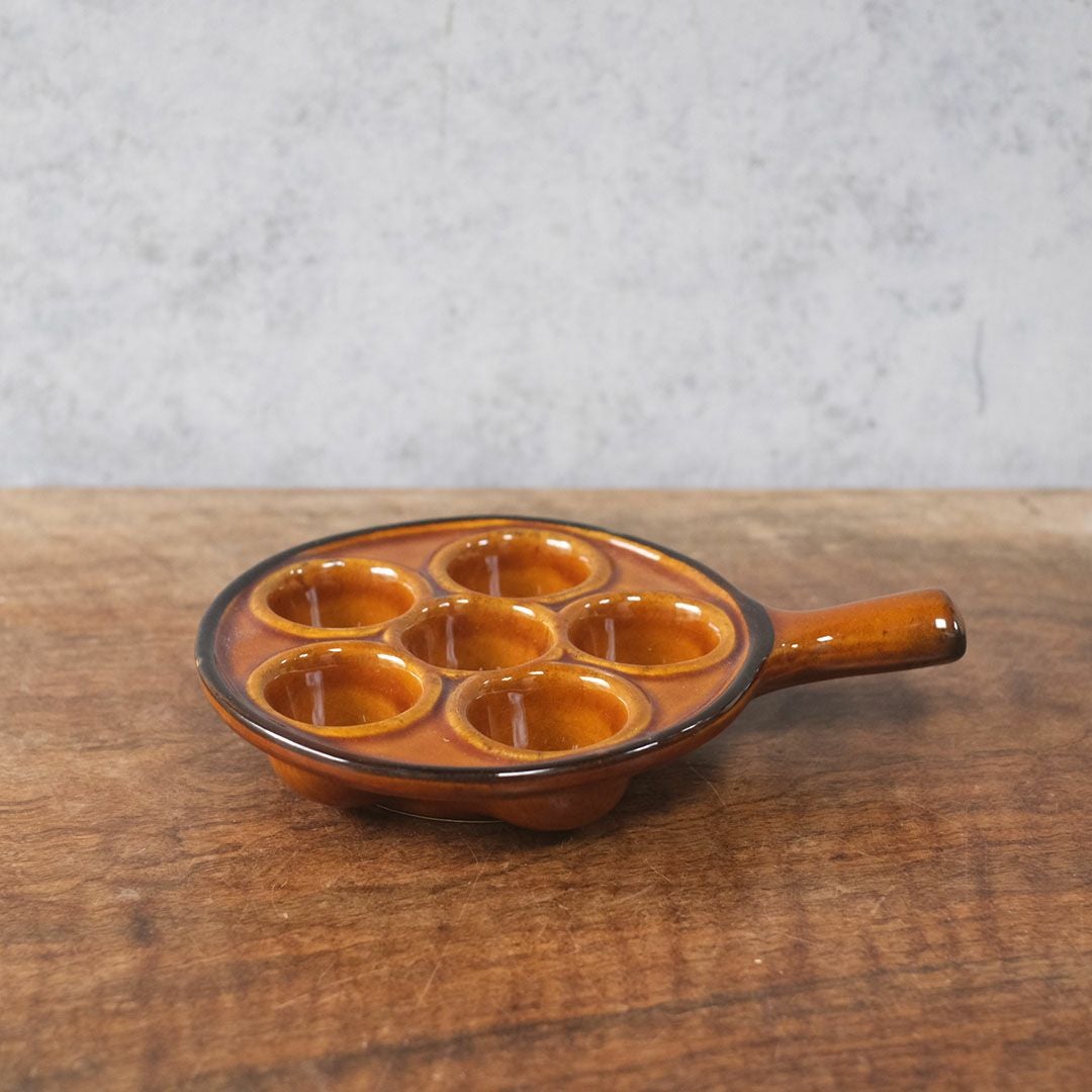 ヴィンテージ 陶器製 エスカルゴ用 サービング ディッシュ  ブラウン 6ポケット ハンドル付き フランス2