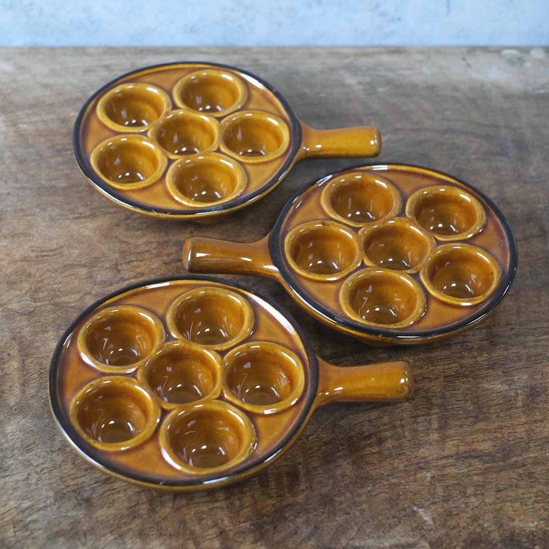 ヴィンテージ 陶器製 エスカルゴ用 サービング ディッシュ  ブラウン 6ポケット ハンドル付き フランス4