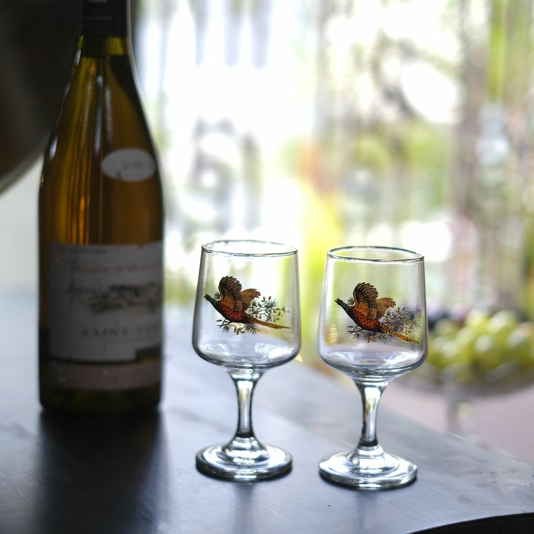 ヴィンテージ ワイングラス フランス製 1970年代 キジ柄 ハンドペイント 金彩