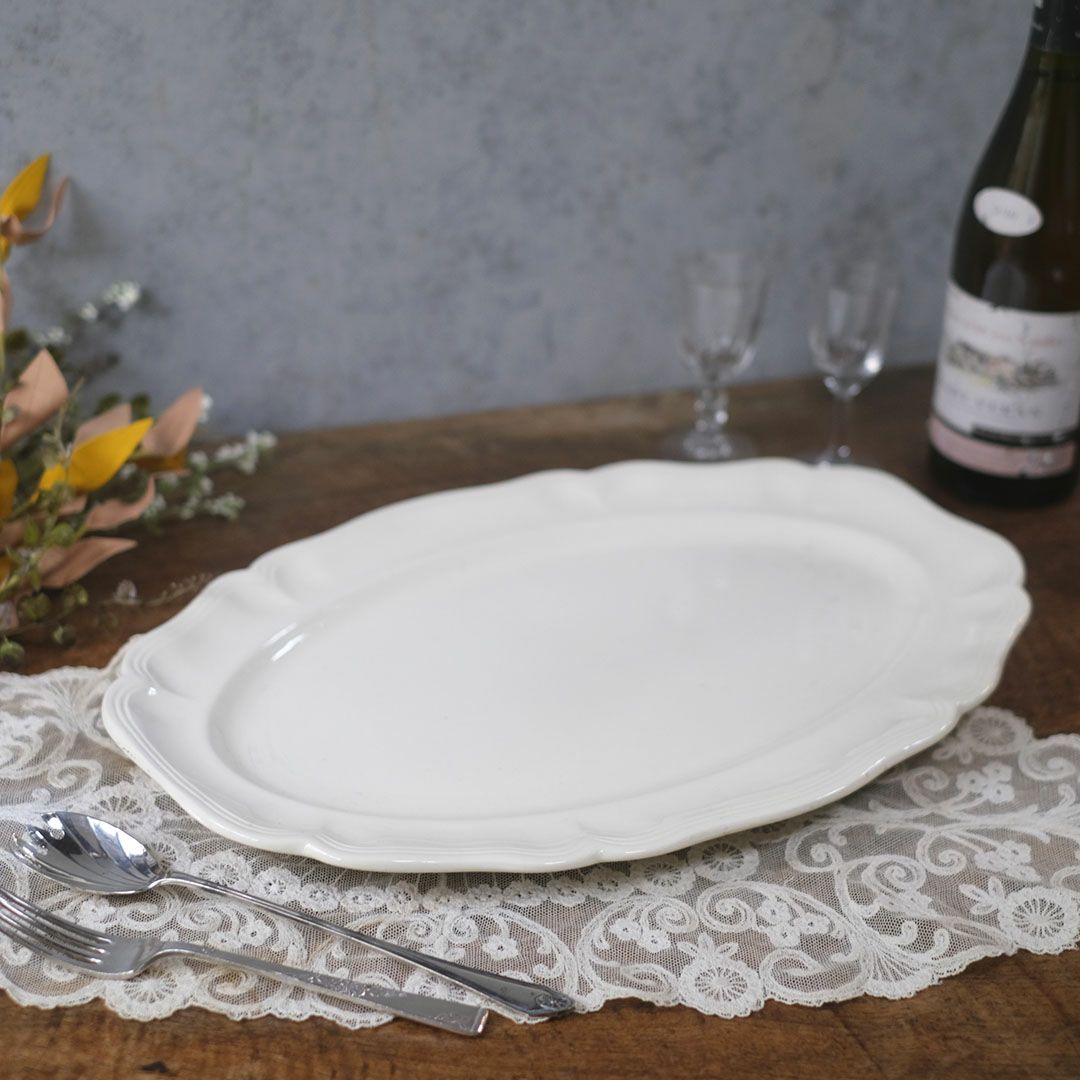 アンティーク皿 オードブル大皿 フラワーリムプレート 白 花リム皿 アンティーク食器