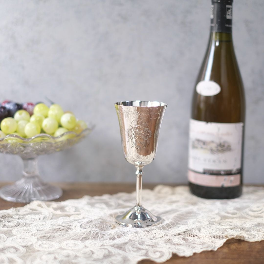 アンティークワイングラス コブレット エーヴィング装飾 シルバープレート 銀メッキ イギリス1
