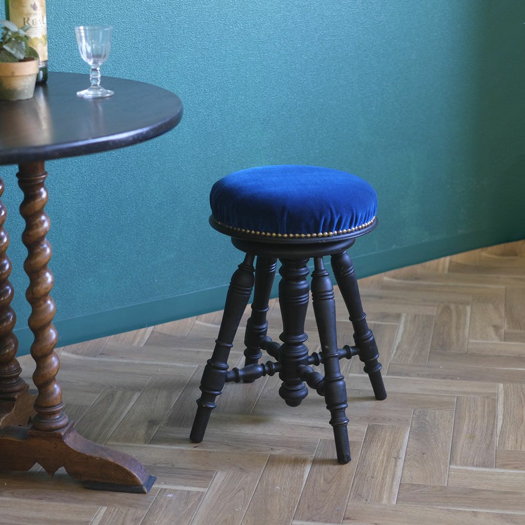 フランスアンティーク ピアノスツール ブルーベルベット座面