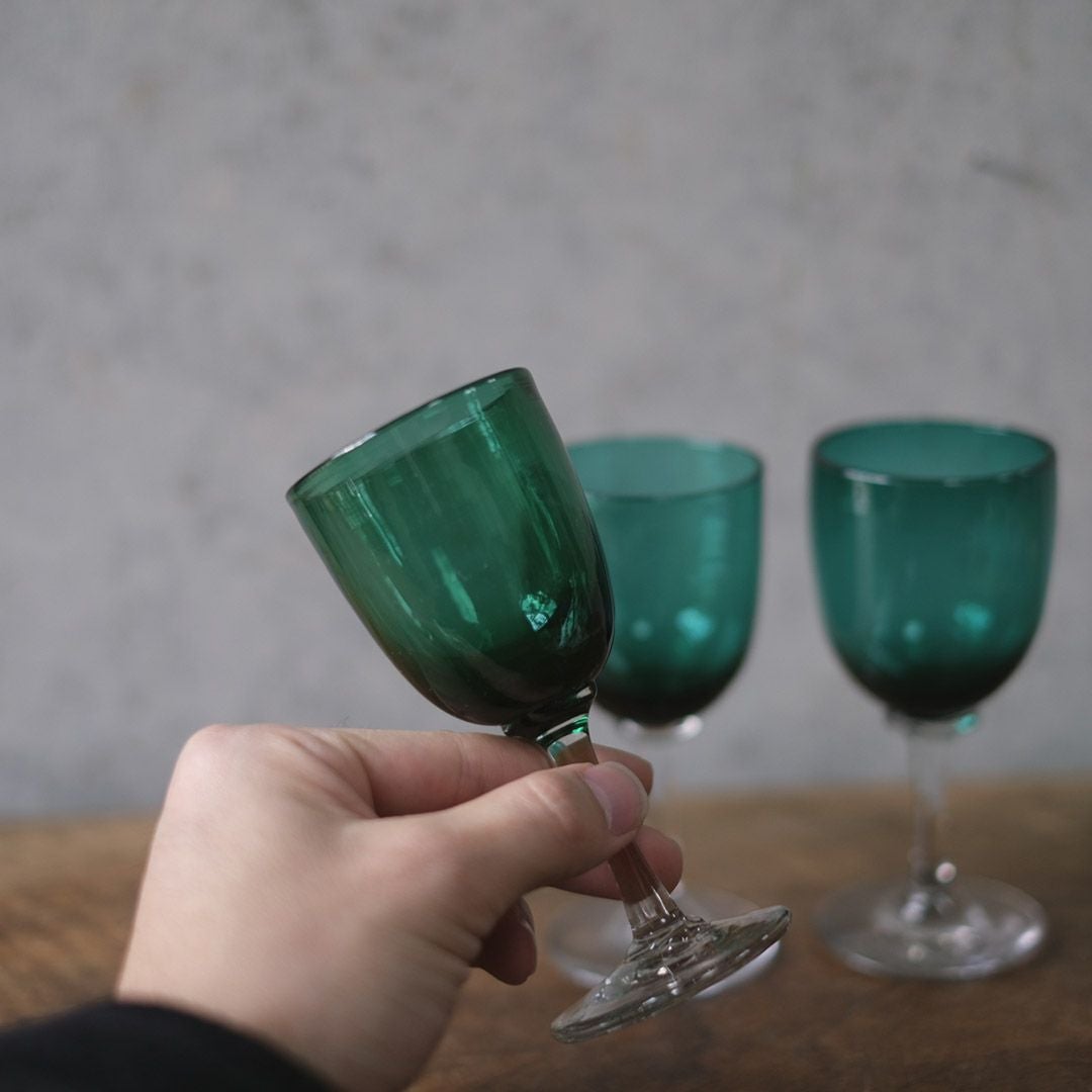 アンティーク ワイングラス/ブリストルグリーン イギリス 深いグリーンカラーが特徴的な吹きガラス/アンティーク食器6