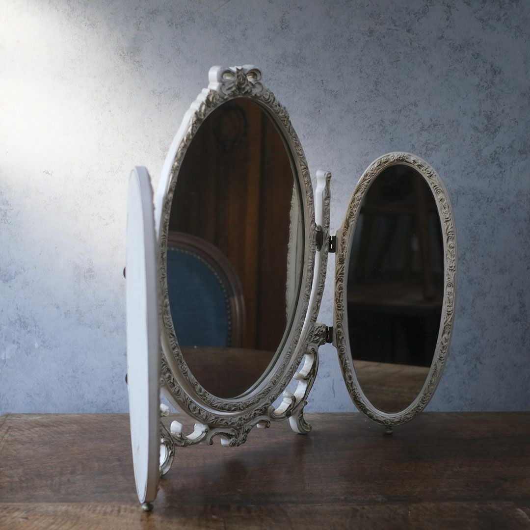 ヴィンテージ トリフォールドミラー オーバル卓上3面鏡 イギリス2