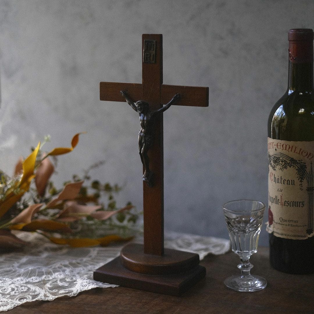 アンティーク 十字架 キリスト像 木製ベース 宗教小物 フランス
