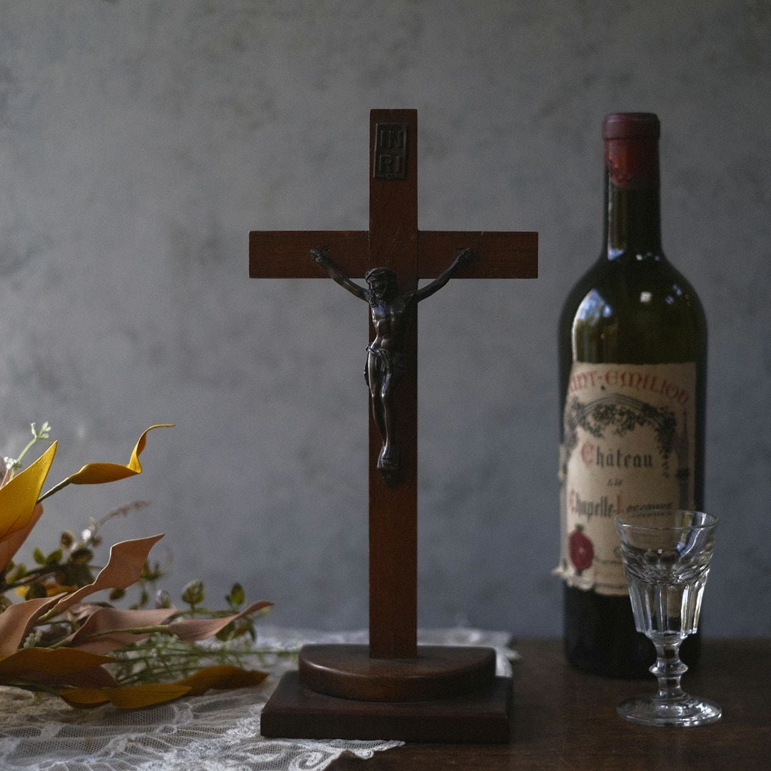 アンティーク 十字架 キリスト像 木製ベース 宗教小物 フランス1