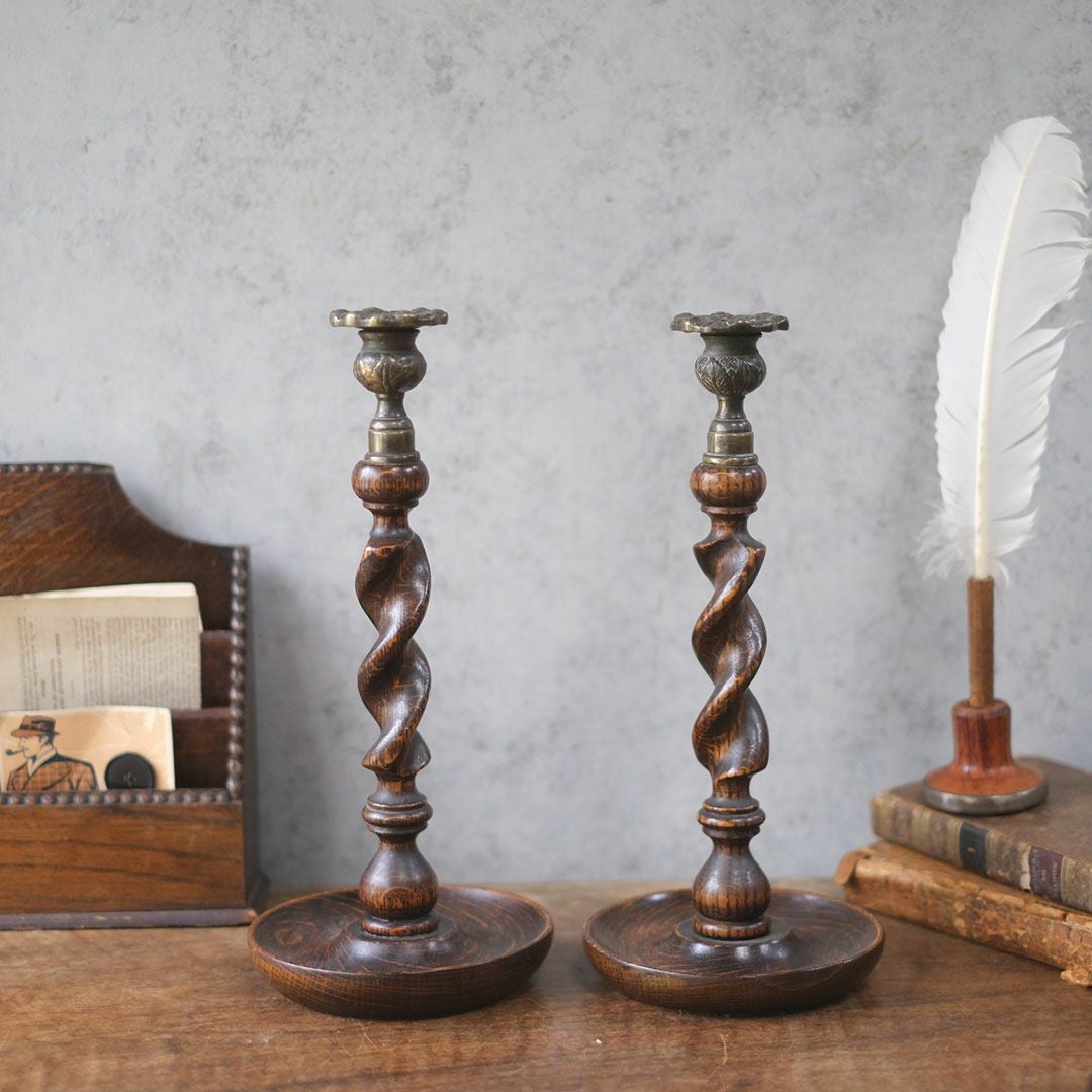 アンティークキャンドルスティックペア オーク イギリス 燭台 オブジェ