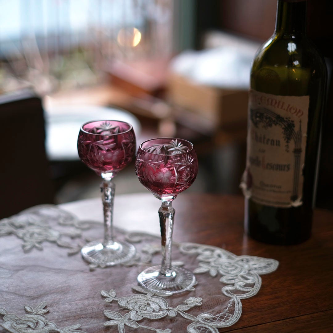 ヴィンテージ クリスタルワイングラス Nachtmann ナハトマン 葡萄と星のカット模様　ルビーレッド　ドイツ