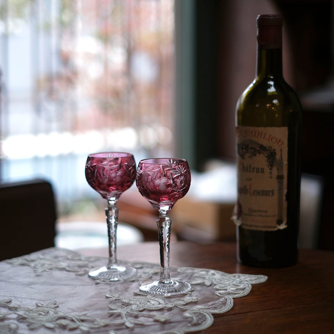 ヴィンテージ クリスタルワイングラス Nachtmann ナハトマン 葡萄と星のカット模様　ルビーレッド　ドイツ