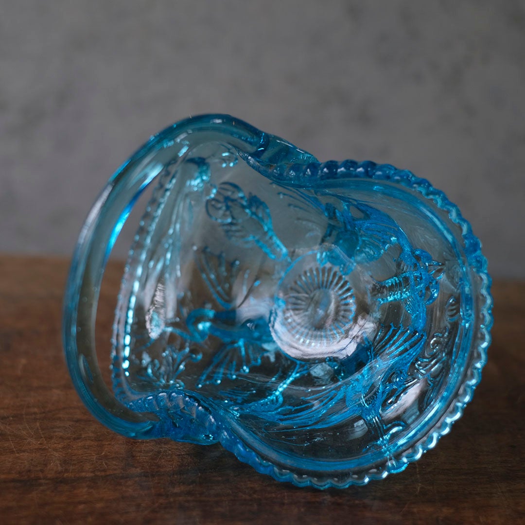 アンティーク　ブルーのプレスガラスバスケット　20世紀初頭　イギリス