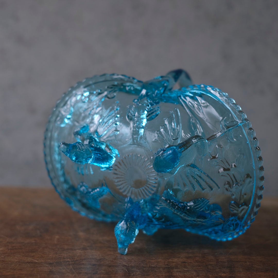 アンティーク　ブルーのプレスガラスバスケット　20世紀初頭　イギリス