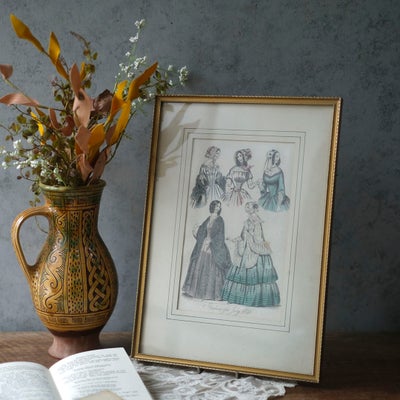 アンティークリトグラフピクチャー ドレスを着た婦人 ファッション画 　Le Moniteur des Dames et des Demoiselles 石版画絵 フランス