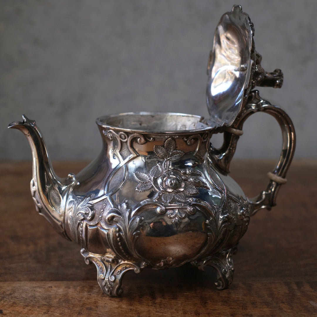 アンティーク ティーポット&ミルクジャグ シルバープレート 銀メッキ ヴィクトリアンロココ 自然主義的なアカンサスモチーフ装飾6