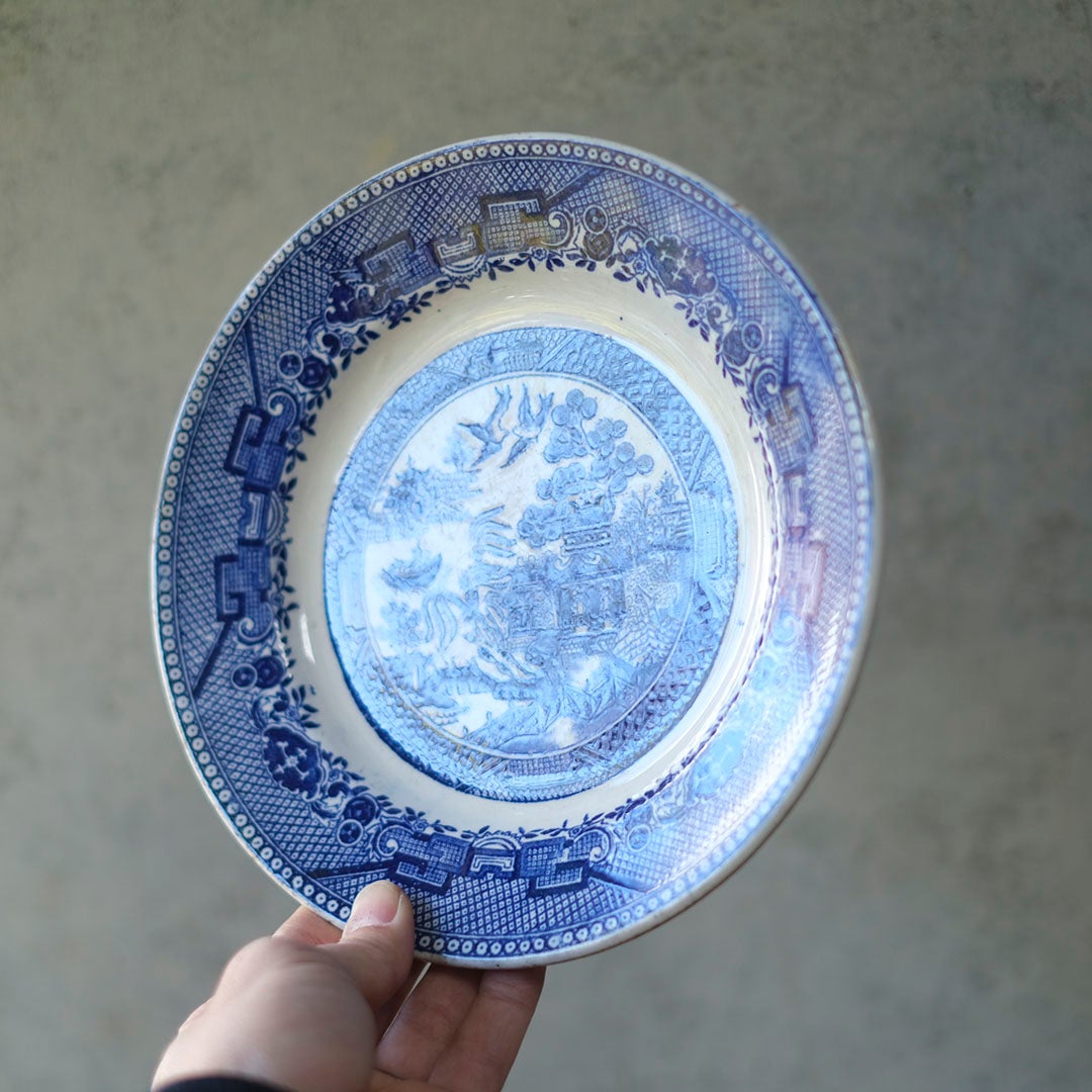 アンティーク ジアン ブルーウィロー プレート 手持ちで正面から撮影したサイズ感のわかる写真