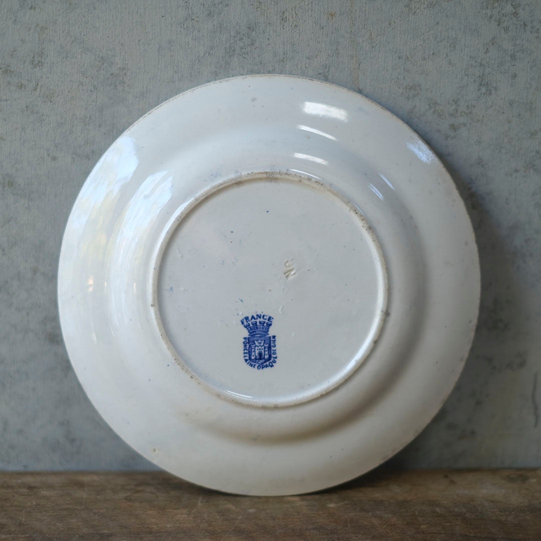 アンティーク ジアン ブルーウィロー プレート 裏面バックスタンプ GIEN FRANCE PORCELAINE OPAQUEのクローズアップ