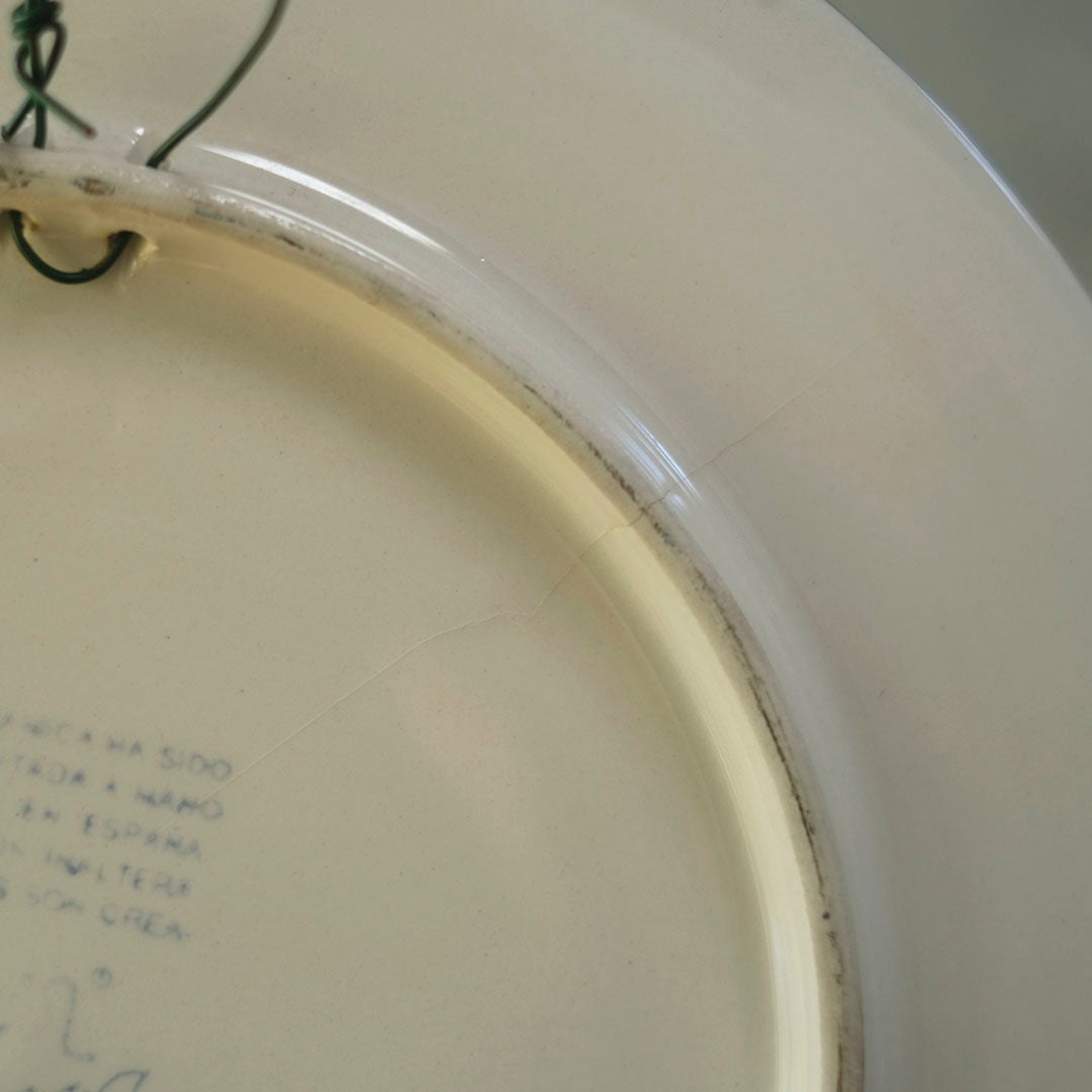 スペイン アンティーク手描き飾り皿 裏面 亀裂箇所のクローズアップ 状態確認写真