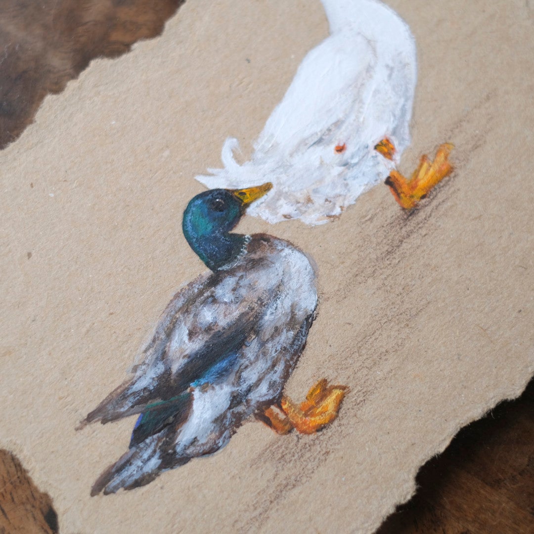 イギリス手描き鳥の絵 マガモのクローズアップ 青緑の頭と羽の筆致のわかる写真