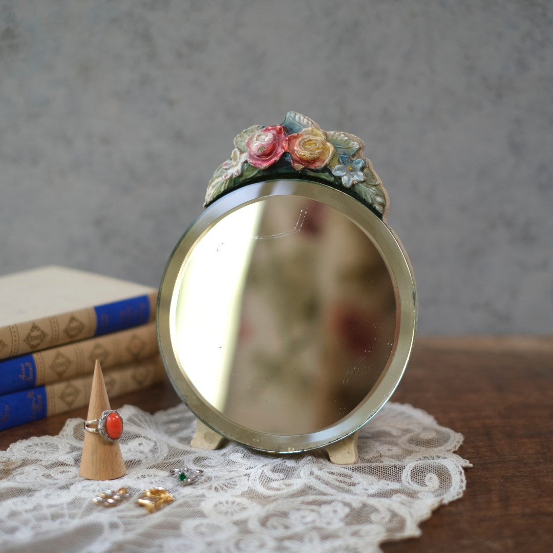 アンティーク バーボラミラー 花装飾 小さな鏡 イギリス
