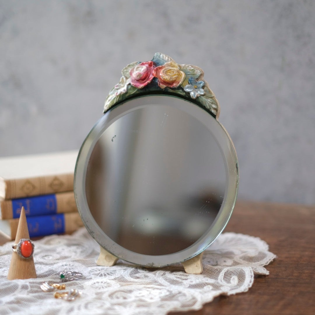アンティーク バーボラミラー 花装飾 小さな鏡 イギリス1