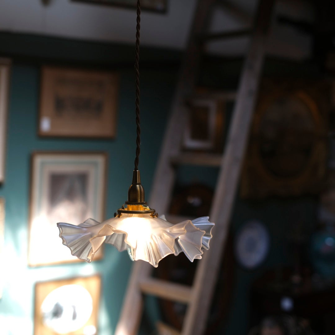 フロストガラス フリルランプ シェード ペンダントライト フランス