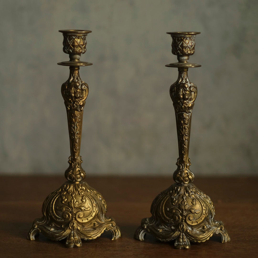 アンティーク 燭台ペア フランス 真鍮製 ゴシック ロカイユ 19世紀1
