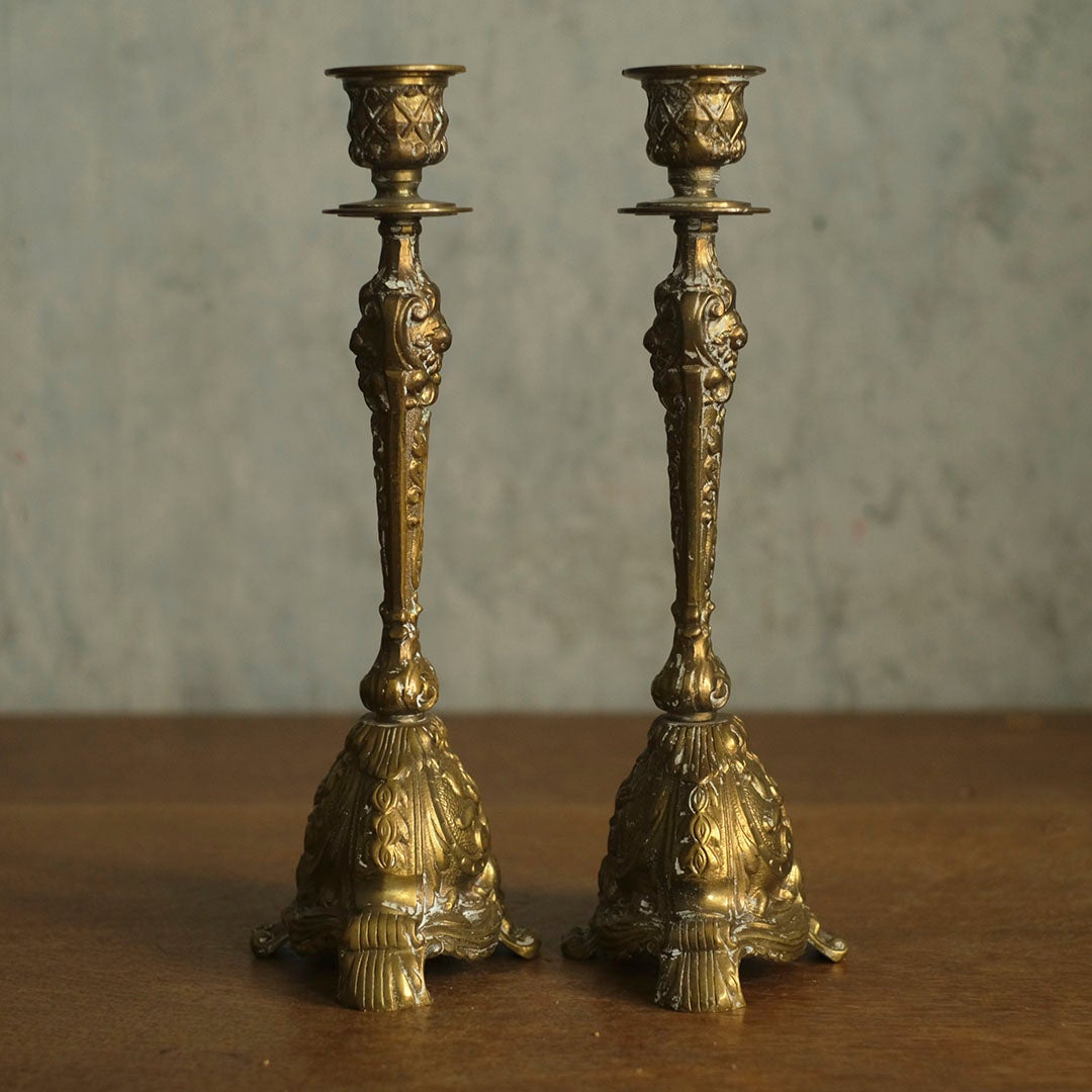 アンティーク 燭台ペア フランス 真鍮製 ゴシック ロカイユ 19世紀2