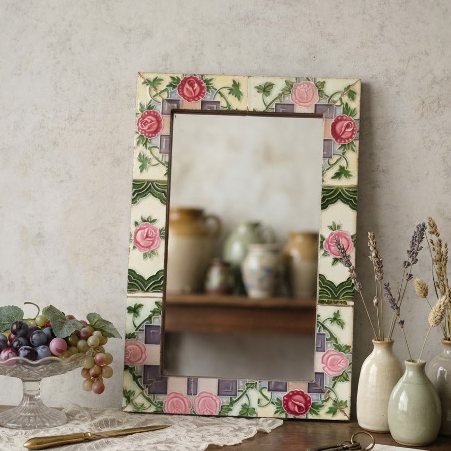 アンティークマジョリカタイルミラー 大正レトロな鏡 日本&インド