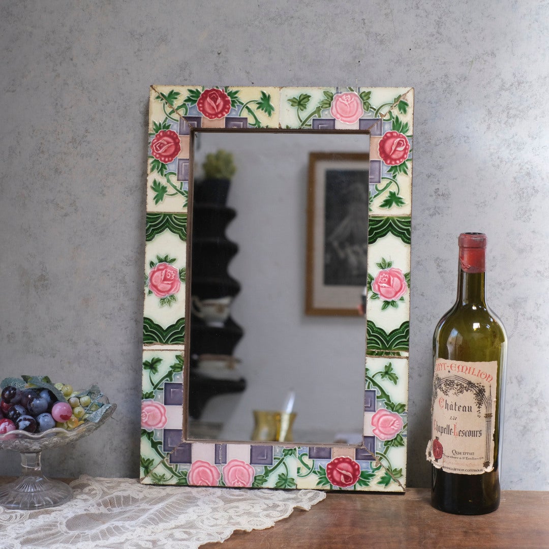 アンティークマジョリカタイルミラー 大正レトロな鏡 日本&インド1