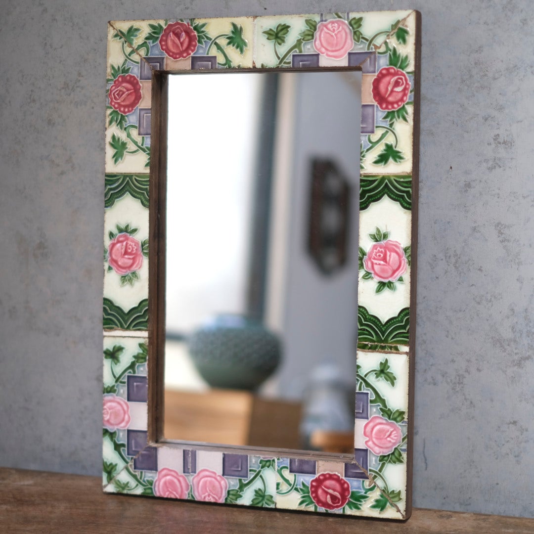アンティークマジョリカタイルミラー 大正レトロな鏡 日本&インド2