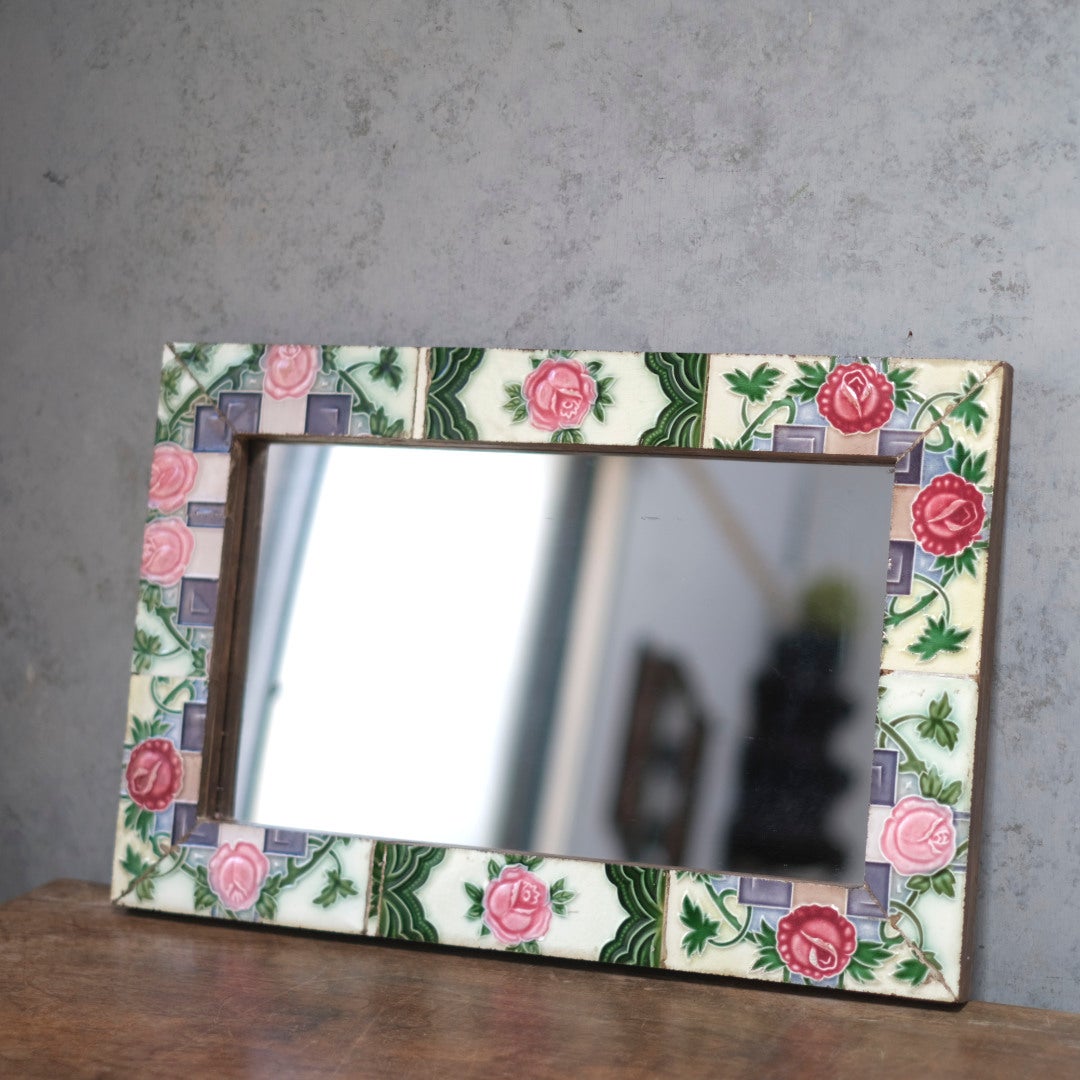 アンティークマジョリカタイルミラー 大正レトロな鏡 日本&インド3