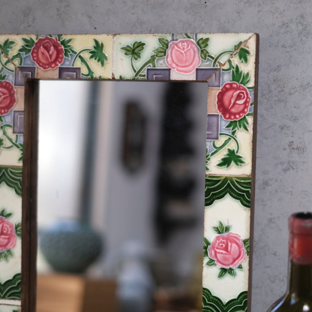 アンティークマジョリカタイルミラー 大正レトロな鏡 日本&インド4