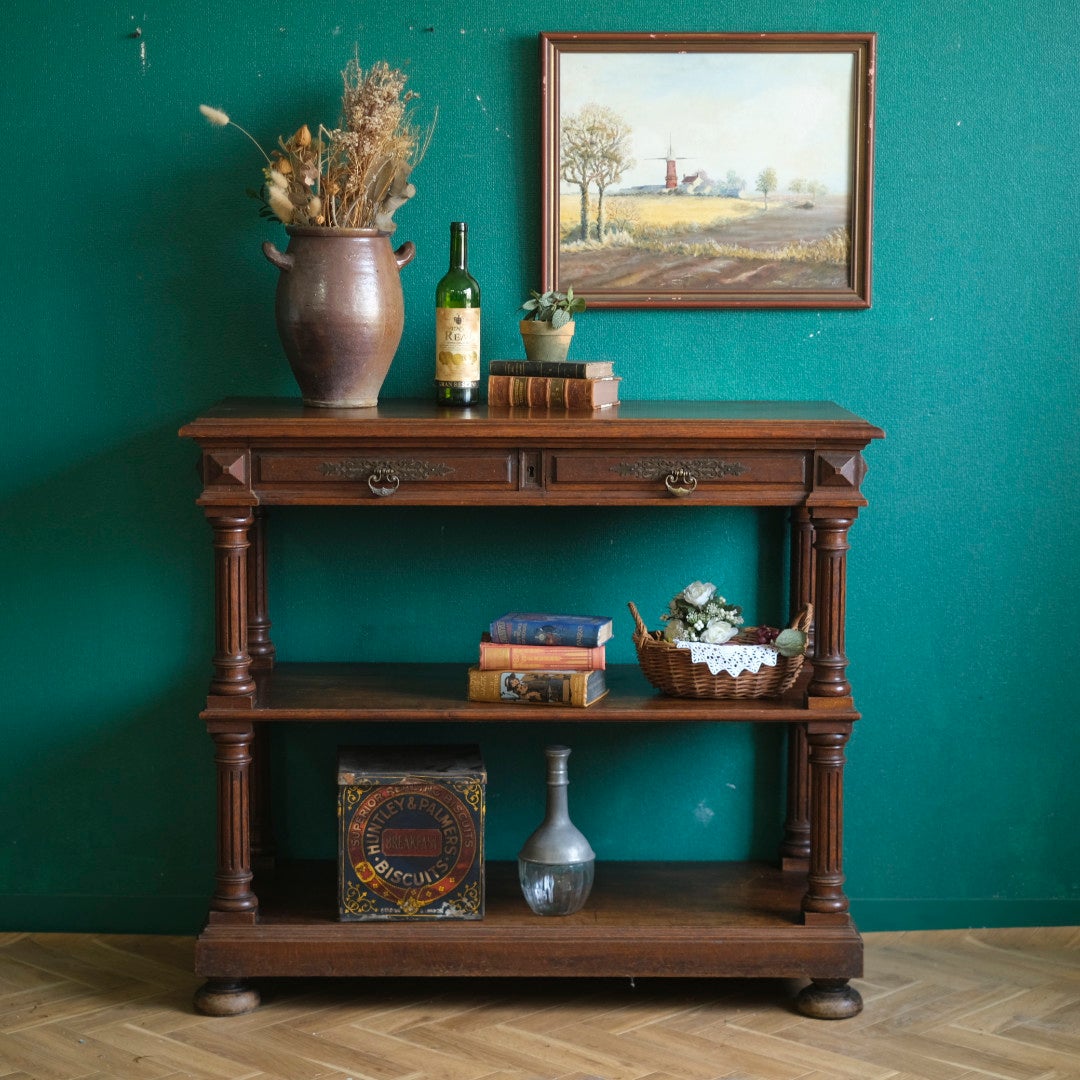アンティーク 挽き物細工の3段オープンコンソール オーク材 イギリス2