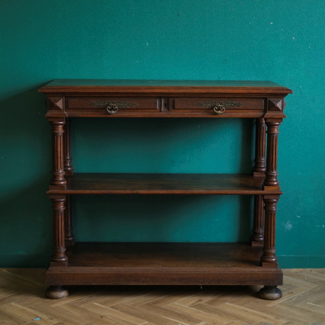 アンティーク 挽き物細工の3段オープンコンソール オーク材 イギリス4