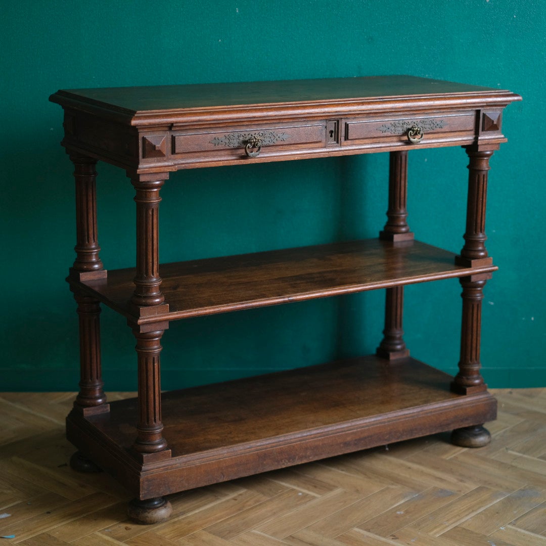 アンティーク 挽き物細工の3段オープンコンソール オーク材 イギリス5