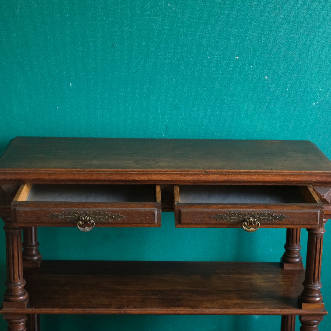 アンティーク 挽き物細工の3段オープンコンソール オーク材 イギリス7