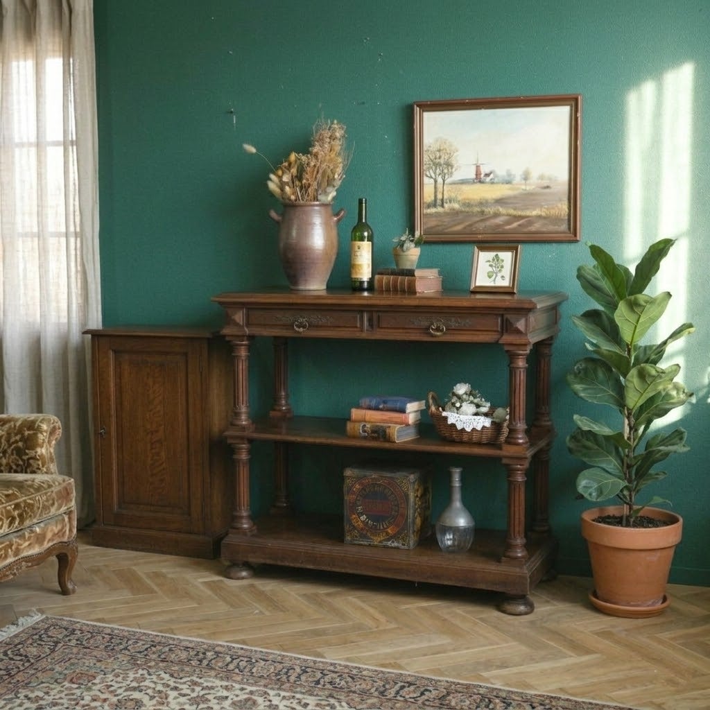 アンティーク 挽き物細工の3段オープンコンソール オーク材 イギリス14