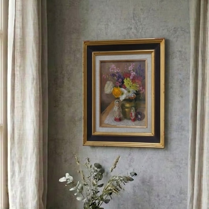  ヴィンテージ 油絵 花とマトリョーシカ Y. Bossiere フランス1