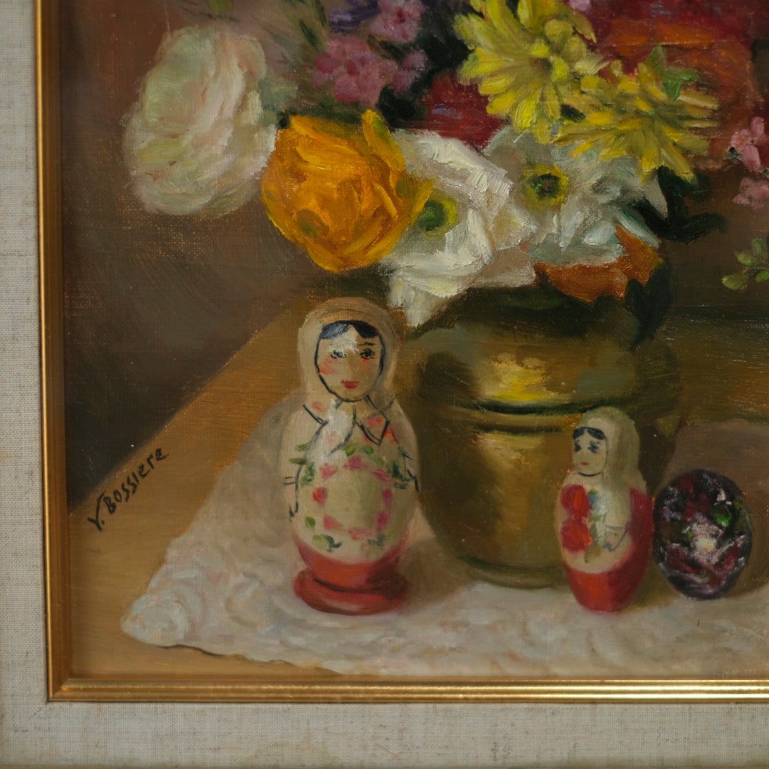  ヴィンテージ 油絵 花とマトリョーシカ Y. Bossiere フランス6