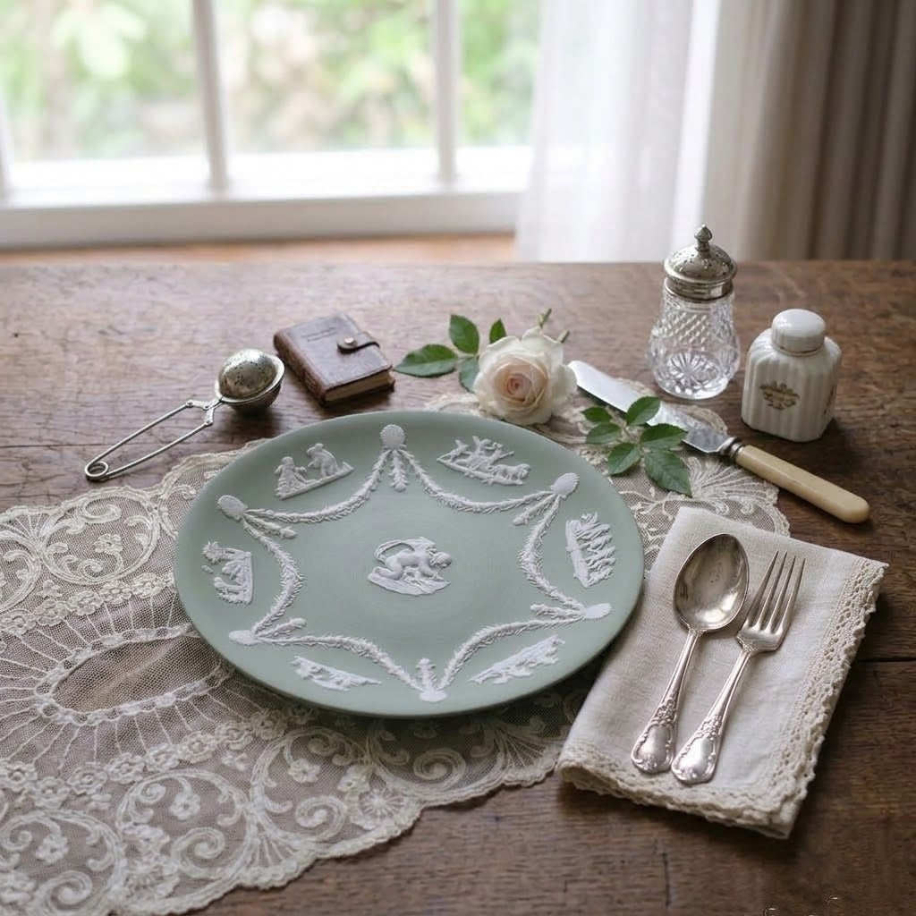 ヴィンテージ WEDGWOOD ウェッジウッド ジャスパー セージグリーン 飾り皿 キューピッド ガーランド イギリス